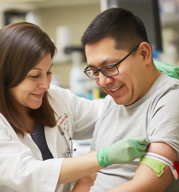 Profissional de saúde realizando coleta de exame em ambiente domiciliar