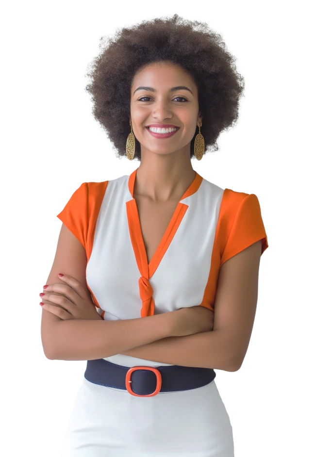 Imagem de uma mulher morena com a roupa laranja